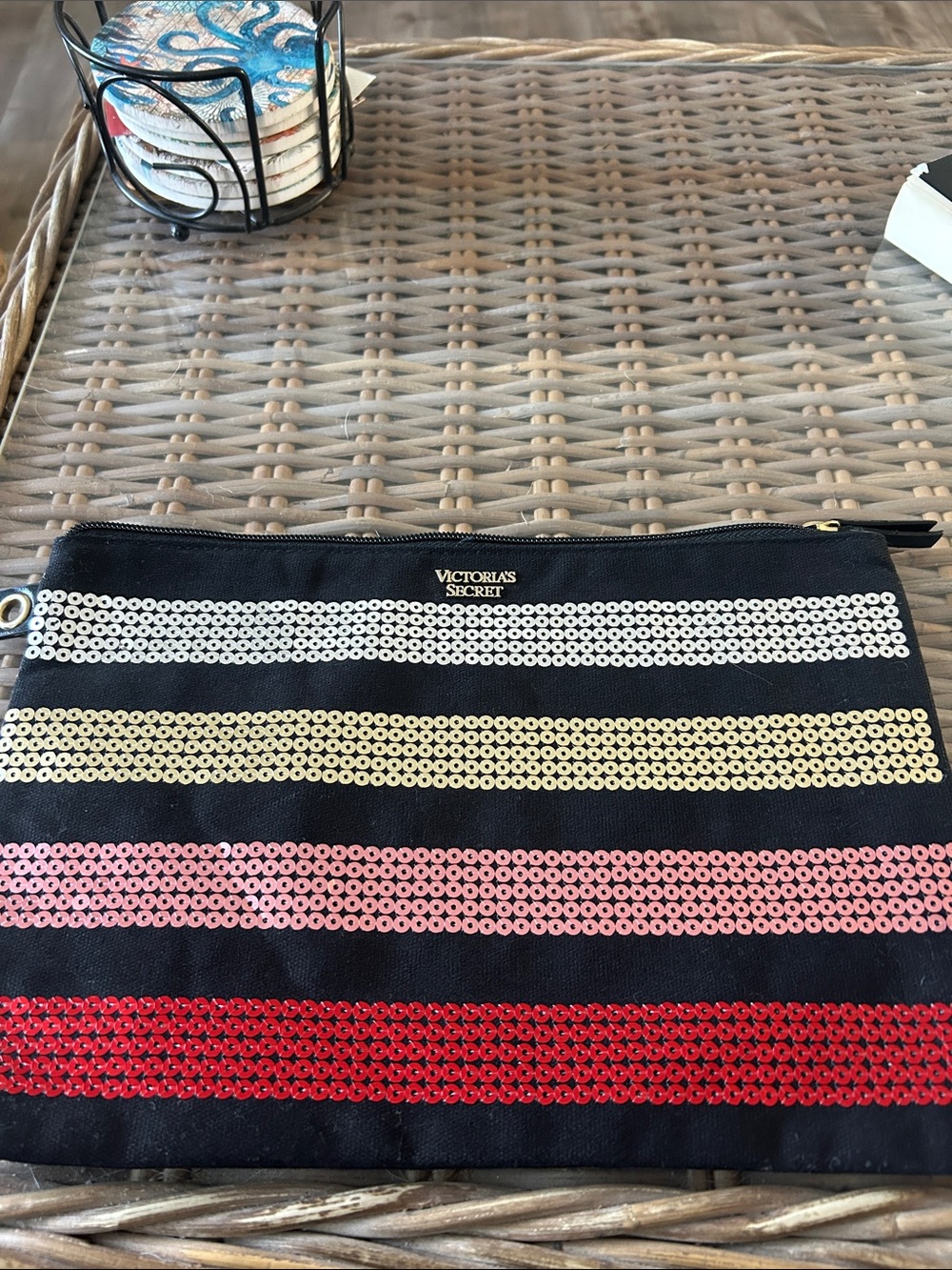 Victoria's Secret Black Sequin Stripe Wristlet Pouch with Multicolor Stripes